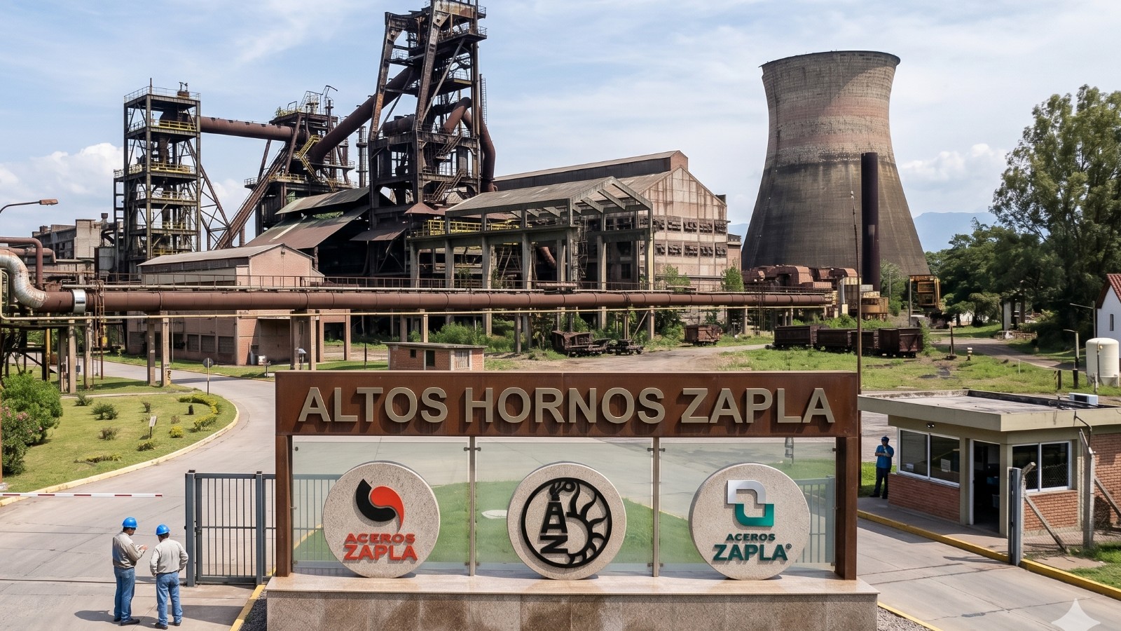 Planta siderúrgica Altos Hornos Zapla en Palpalá, Jujuy, con alto horno encendido al atardecer — acero argentino NOA