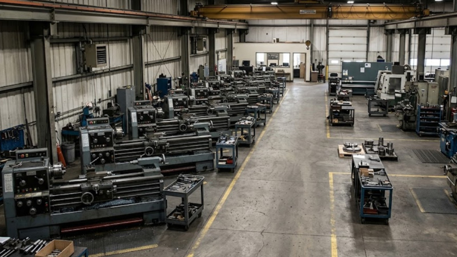 Fábrica pyme argentina con maquinaria parada, luz baja, imagen de crisis industrial manufacturera 2026