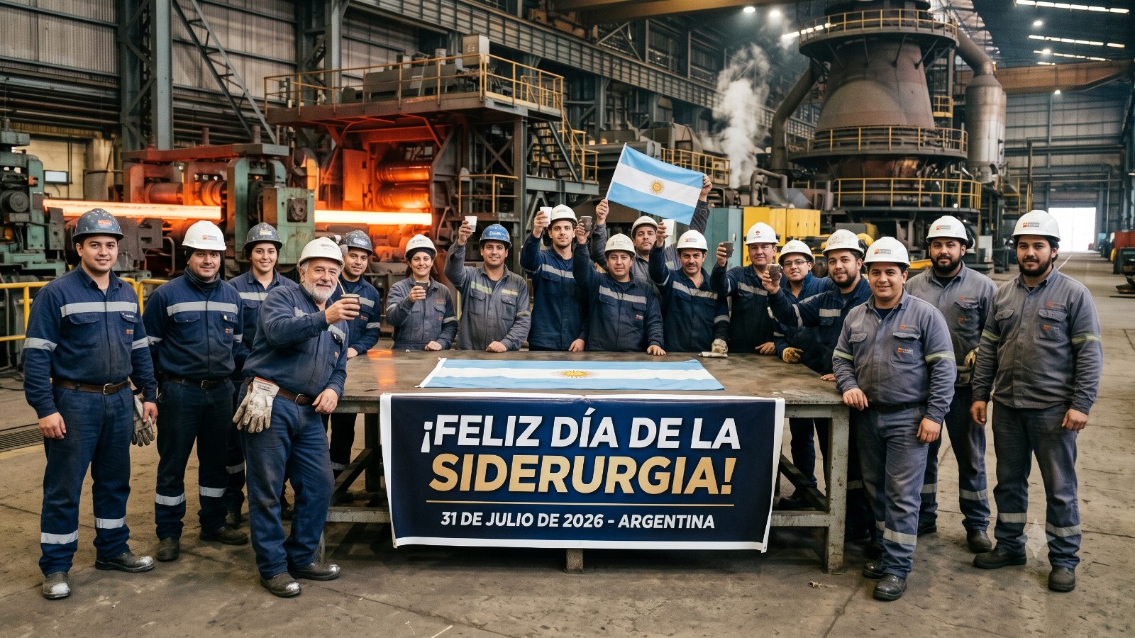 Planta siderúrgica argentina en producción, colada de acero al rojo vivo, Día de la Siderurgia 2026