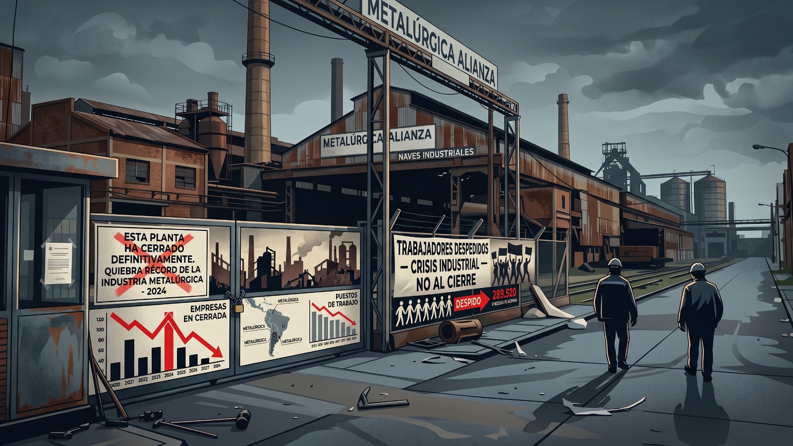 Planta siderúrgica argentina con maquinaria industrial detenida, símbolo de la crisis metalúrgica 2026