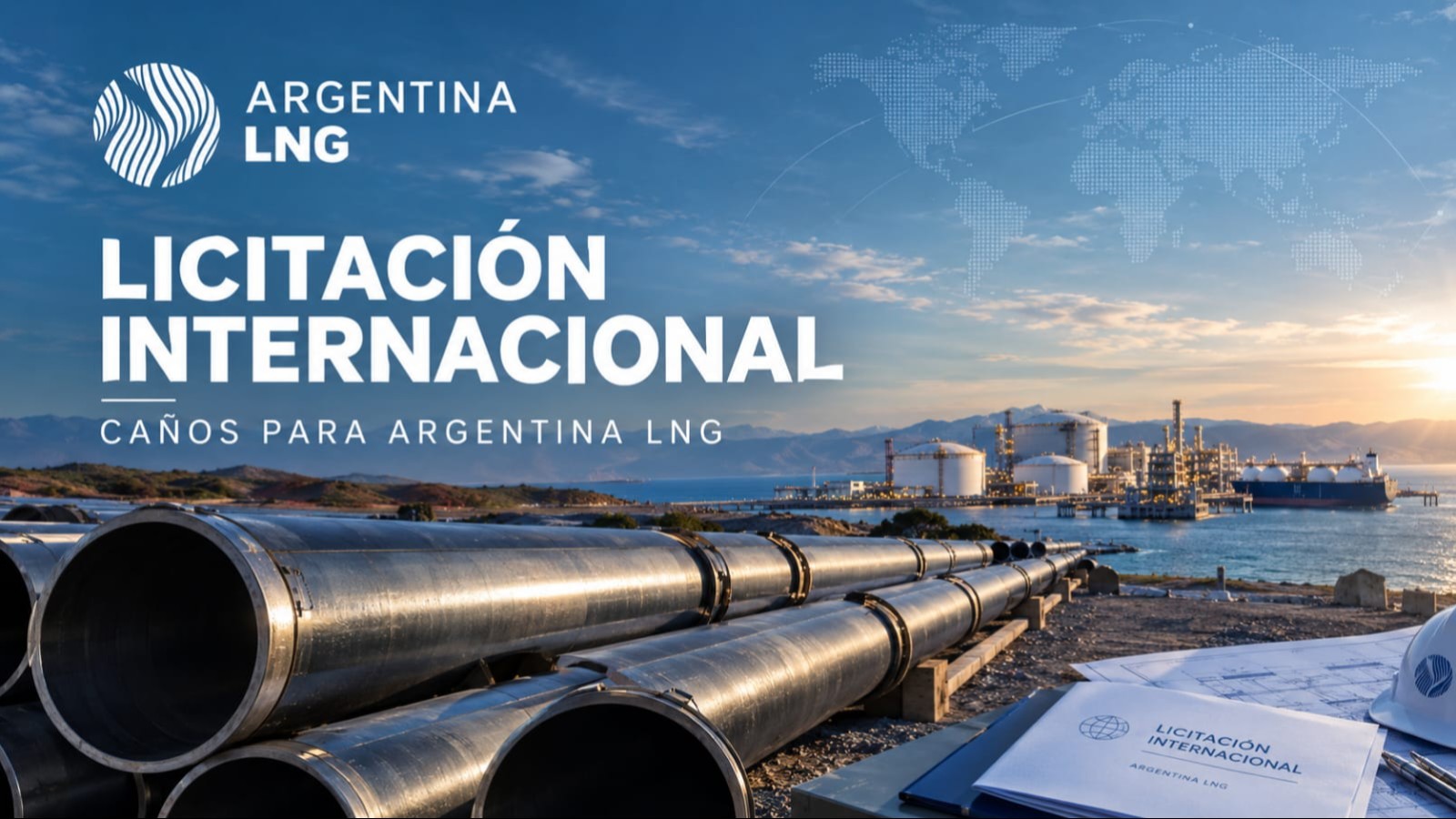 Caños de acero de gran diámetro y texto Argentina LNG, licitación de tuberías de 48 pulgadas para Vaca Muerta